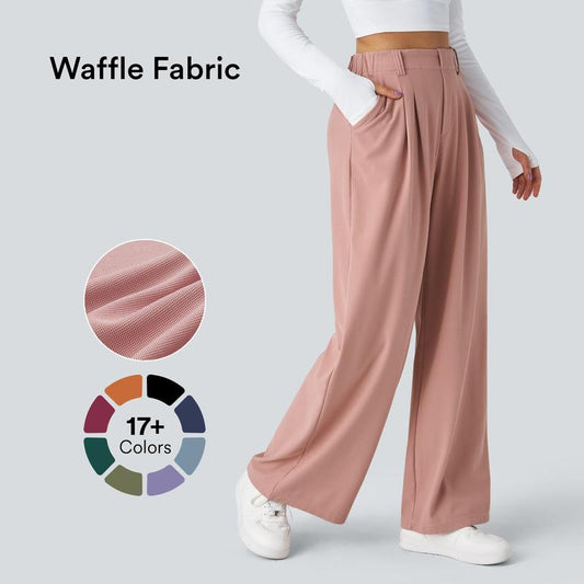 High Rise Pleated Side Pocket Wide Leg Waffle Work Pants